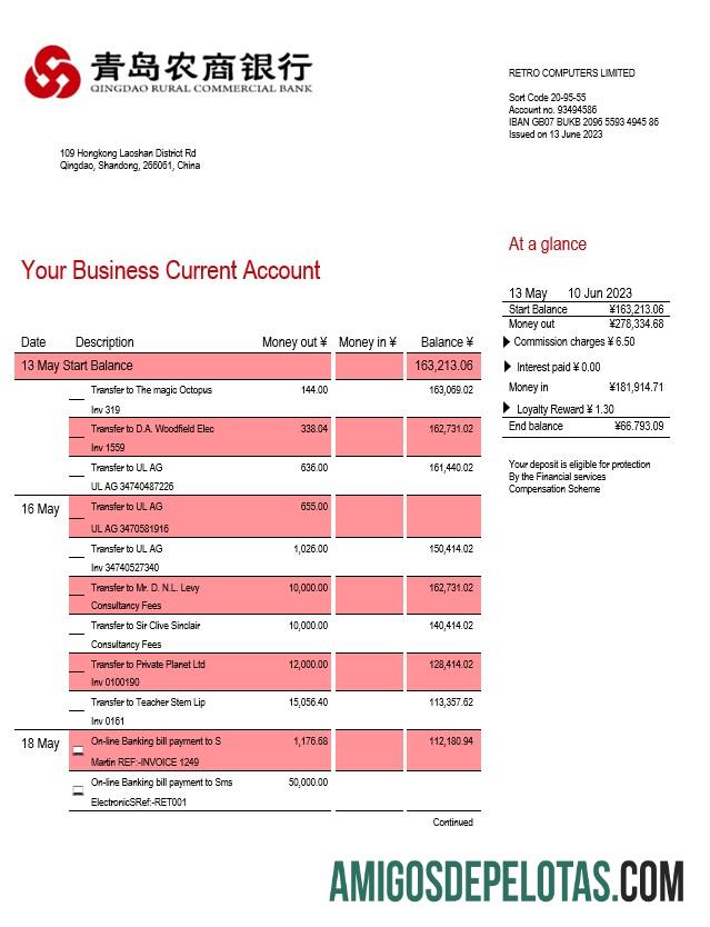 Imprimível Qingdao Rural Commercial Bank Organization modelo de extrato de conta Word e PDF